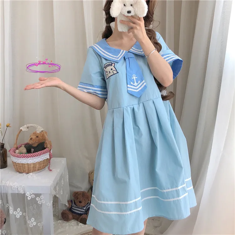 Женское платье в японском стиле «Лолита»; Повседневное платье Kawaii в стиле колледжа; платье с вышивкой медведя; светло-синее платье; милое платье в стиле «лолита» для девочек