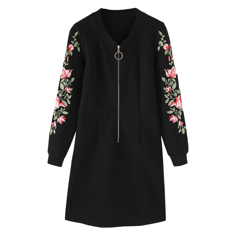 2020 Spring Fashion Flower Embroidery Large Size A-line Dress Womens Zipper Slim Long Sleeve Sexy V-neck Mini | Женская одежда