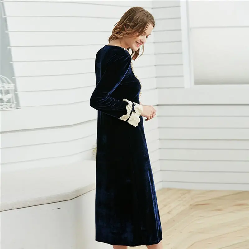 Navy Blue Elegant Square Collar Long Sleeve Velvet Night Dress Vintage Victorian Nightgown Autumn Women Sleepwear Nightwear H778 | Женская