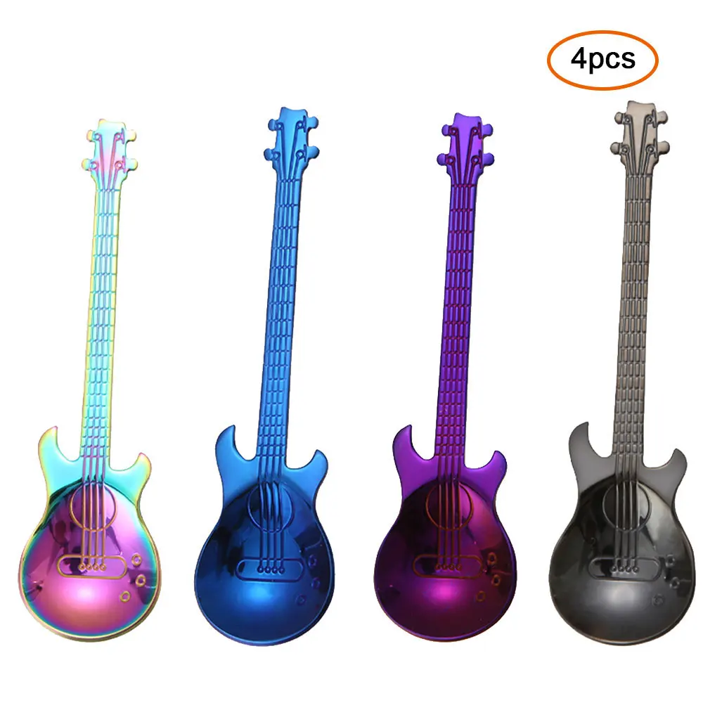 4pcs Mixed color 2 7 шт./4 шт. Гитарный комплект кофейных ложек из нержавеющей стали, десертная ложка для мороженого, чайные ложки, кофейные аксессуары, столовые приборы, питьевые инструменты - Цвет: 4pcs Mixed color 2