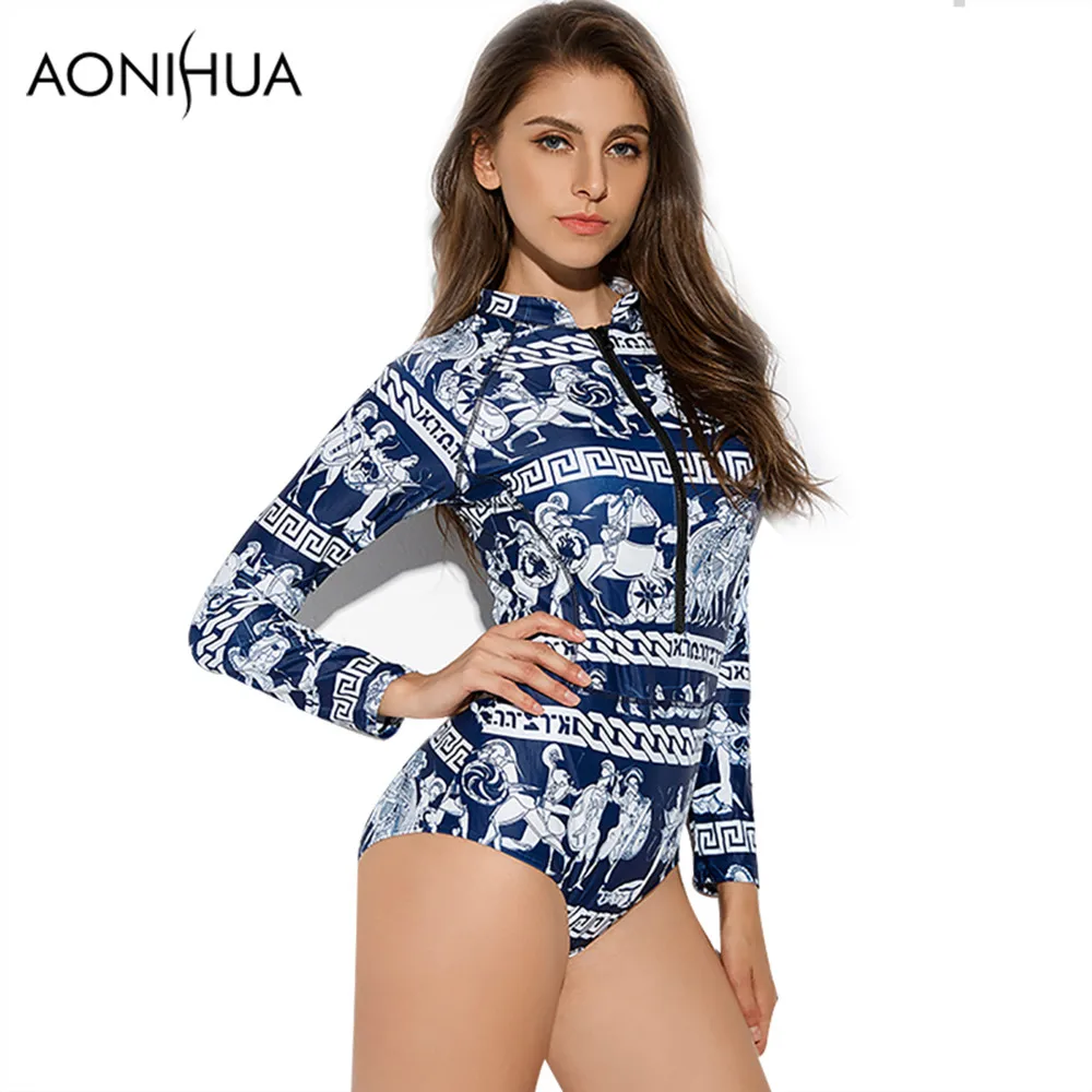 

AONIHUA 2018 Retro Ancient mural printing Swimsuit for Women One Piece Swimwear Long sleeve Front zipper swimming Suit 9020/9021