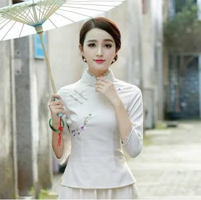 beige shirts Sheng Coco, темно-синие рубашки, китайская винтажная одежда, топы Ципао с вышивкой и кружевом, льняные рубашки Cheongsam, китайский костюм - Цвет: beige shirts