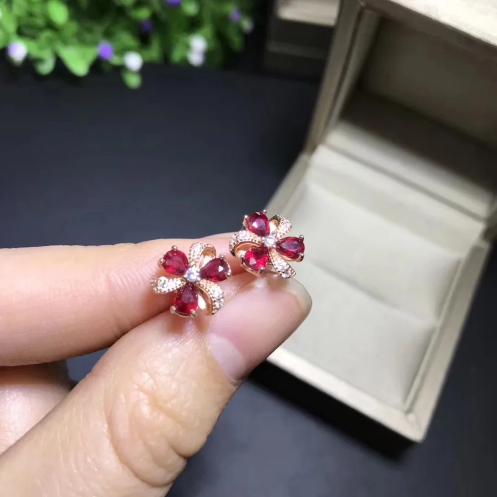 

natural red ruby stud earrings S925 silver natural gemstone earrings Cute Clover windmill girl women's party Earrings jewelry