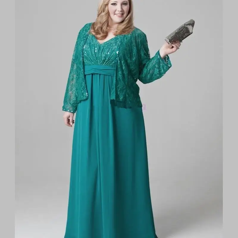 Plus Size Emerald Green Mother of the Bride Dresses Lace Chiffon Evening Party Gown for Mom with Jacket V Neck Floor Length | Свадьбы и
