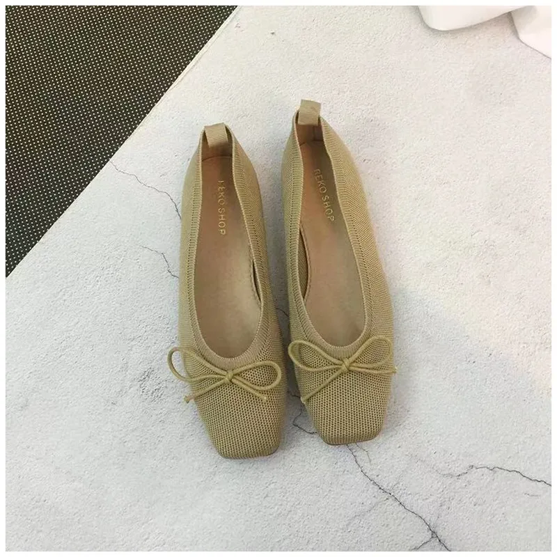 Beige Bowknot Женские балетки на плоской подошве; дышащие вязаные Мокасины с квадратным носком; Разноцветные балетки на плоской подошве с узлом-бабочкой - Цвет: Beige Bowknot