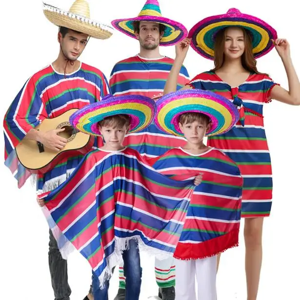 Костюм мексиканский для взрослых и детей на Хэллоуин соломенная шляпа пончо