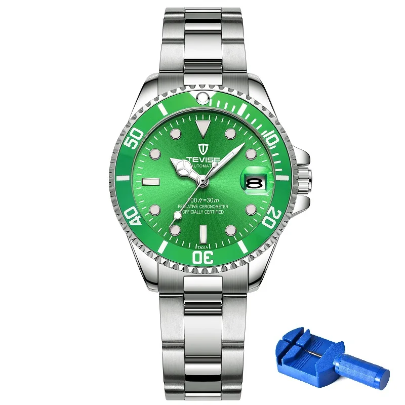 Green with tool Женские кварцевые часы TEVISE T801, женские часы из нержавеющей стали, светящиеся стрелки, водонепроницаемые женские наручные часы для женщин - Цвет: Green with tool