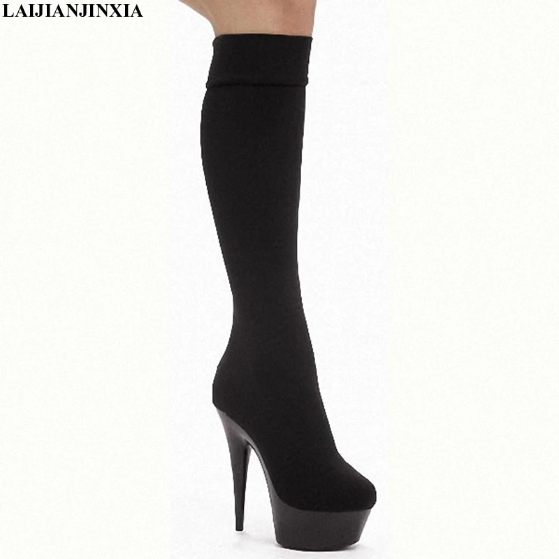 LAIJIANJINXIA 15cm ultra high heels boots platform Flock leather 6 inch performance shoes plus size knee high boots Dance Shoes