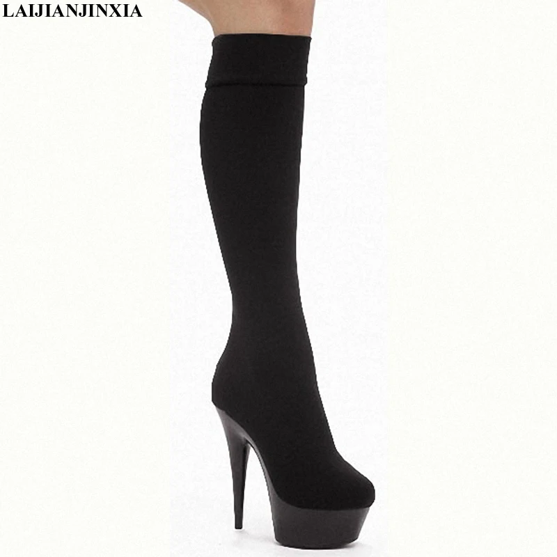 

LAIJIANJINXIA 15cm ultra high heels boots platform Flock leather 6 inch performance shoes plus size knee high boots Dance Shoes