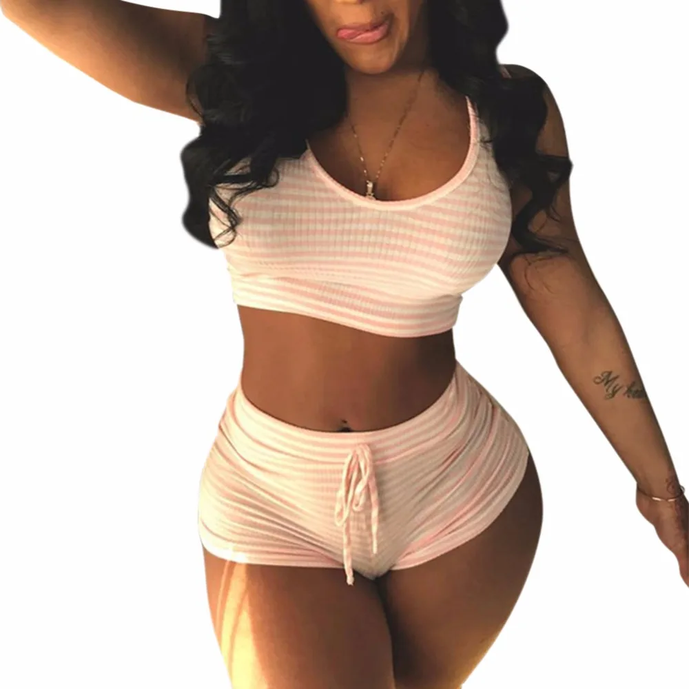 Women Sexy Tracksuit Fitness Beach Suit Crop Top Pant Two Piece Set Pink Womens Striped Vest Short 2 Summer Cropped Outfit | Женская
