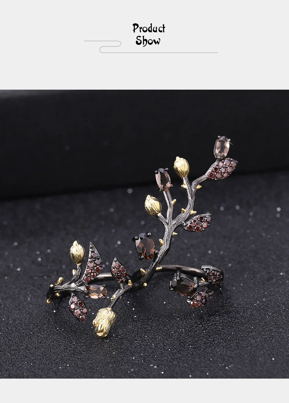 GEM'S BALLET 1.57Ct Натуральный дымчатый кварц регулируемое кольцо массивные 925 пробы Серебряная ветка дерево двойные кольца на пальцы для женщин