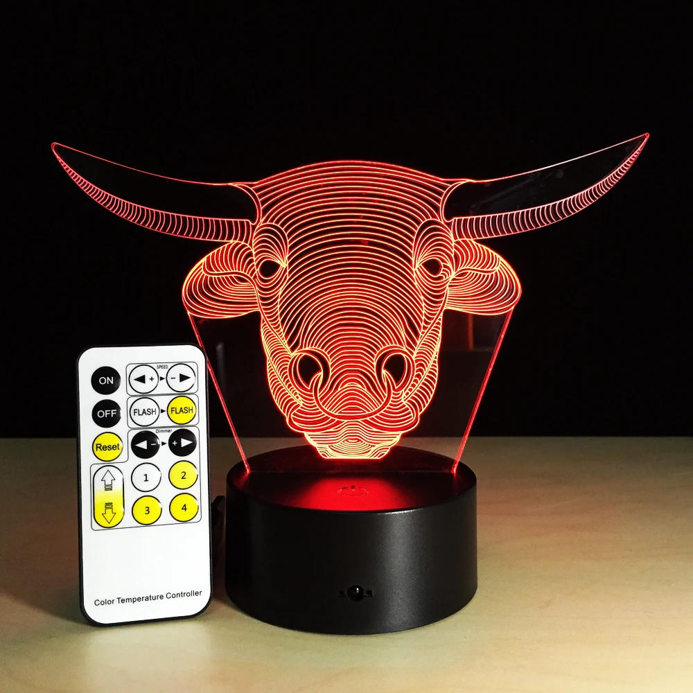 Светодиодная лампа с 3D рисунком животного быка корова USB 7 цветов|Ночники| |