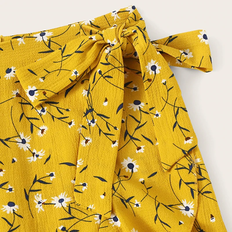 Dotfashion Женская облегающая юбка с цветочным принтом и рюшами на подоле, с бантом,, Boho, летние повседневные женские юные модные асимметричные юбки