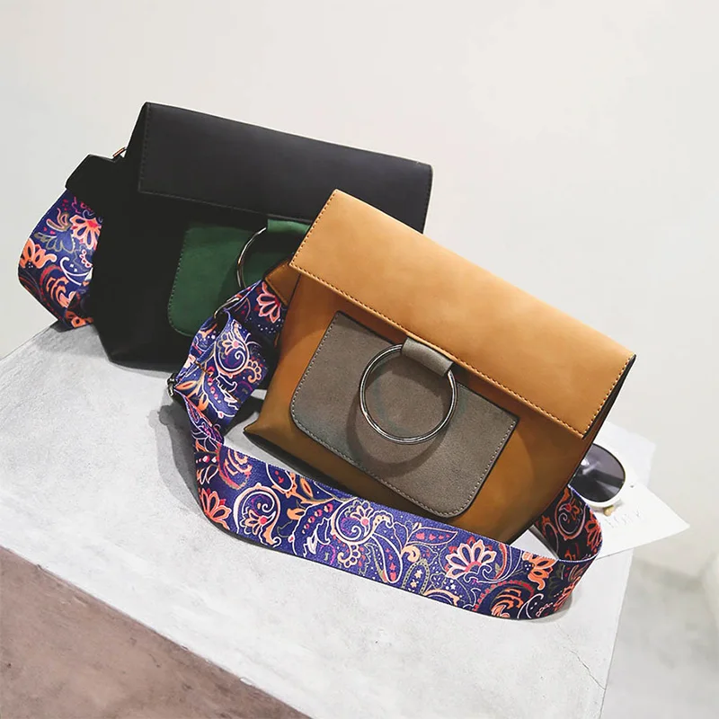 MYNOS Women Crossbody Bag Metal Ring Shoulder Suede Leather Messenger Patchwork Purse Bolsas Feminina SAC A MAIN Femme | Багаж и сумки