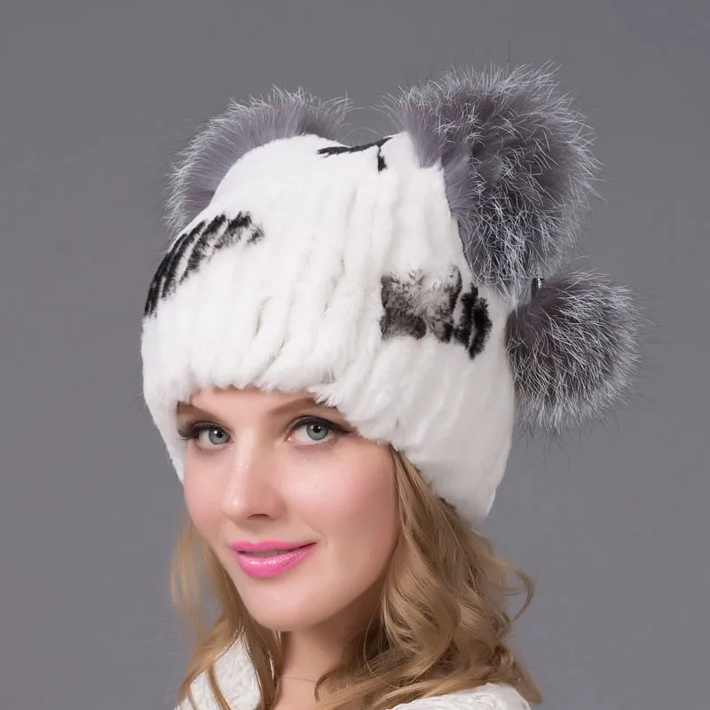 

Authentic Women's Rabbit Fur With Fur Pom Poms Winter Autumn Cute Cat Ear Style Cap Latest New Women's Hat THY-29