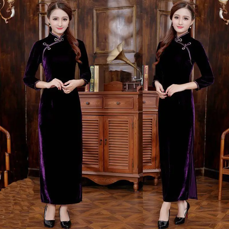 Азиатский невесты свадебное Cheongsam осень-зима дамы Китайский Стиль бархатный Ципао длинные платья Элегантный Вечеринка платье XXXL - Цвет: Фиолетовый