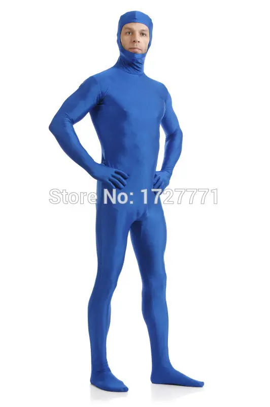 (AL118)Blue Shiny Spandex Tights Unisex original Open Face Fetish Zentai Suits Second skin Wear | Тематическая одежда и