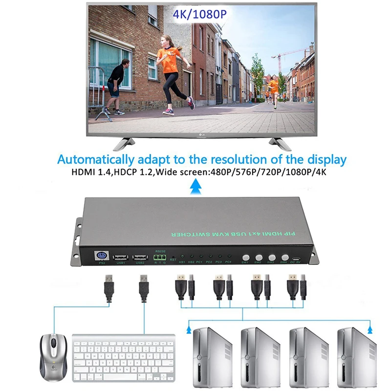 Navceker USB HDMI KVM переключатель 4 порта поддержка 3840*2160/4K * 2K PIP дополнительный 2 0 много