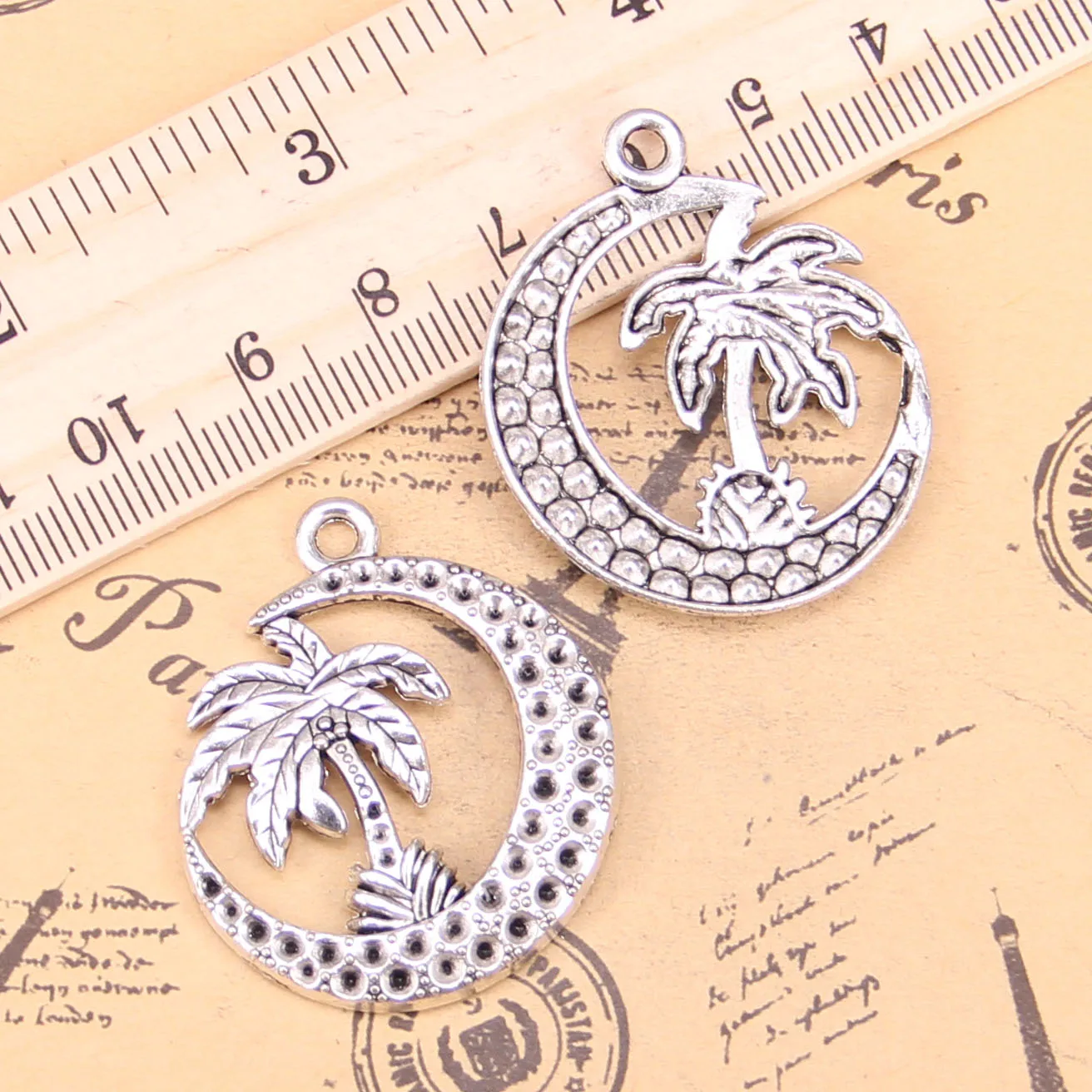 25pcs Jewelry Charms palm tree moon coconut 37x30mm Antique Silver Plated Pendants Making DIY Handmade Tibetan | Украшения и
