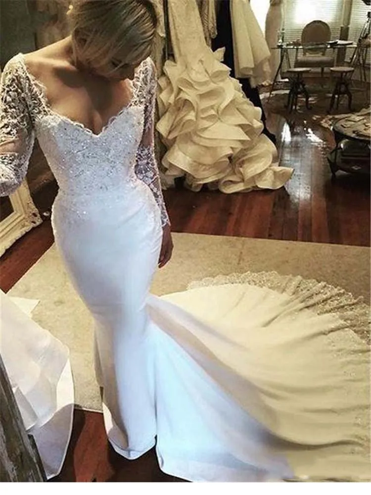 Винтажные кружевные свадебные платья русалки с длинным рукавом белые шифоновые