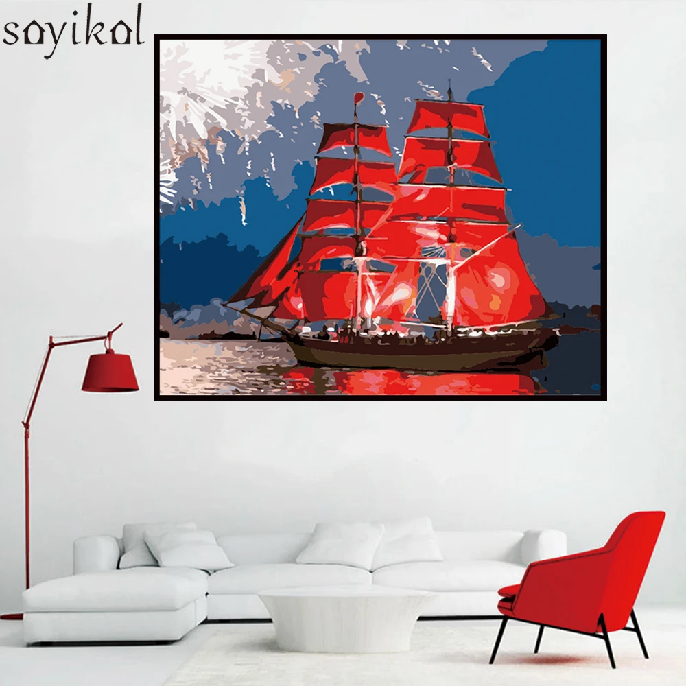 Цифровая DIY картина по номерам рамка красный парусник морской пейзаж украшение