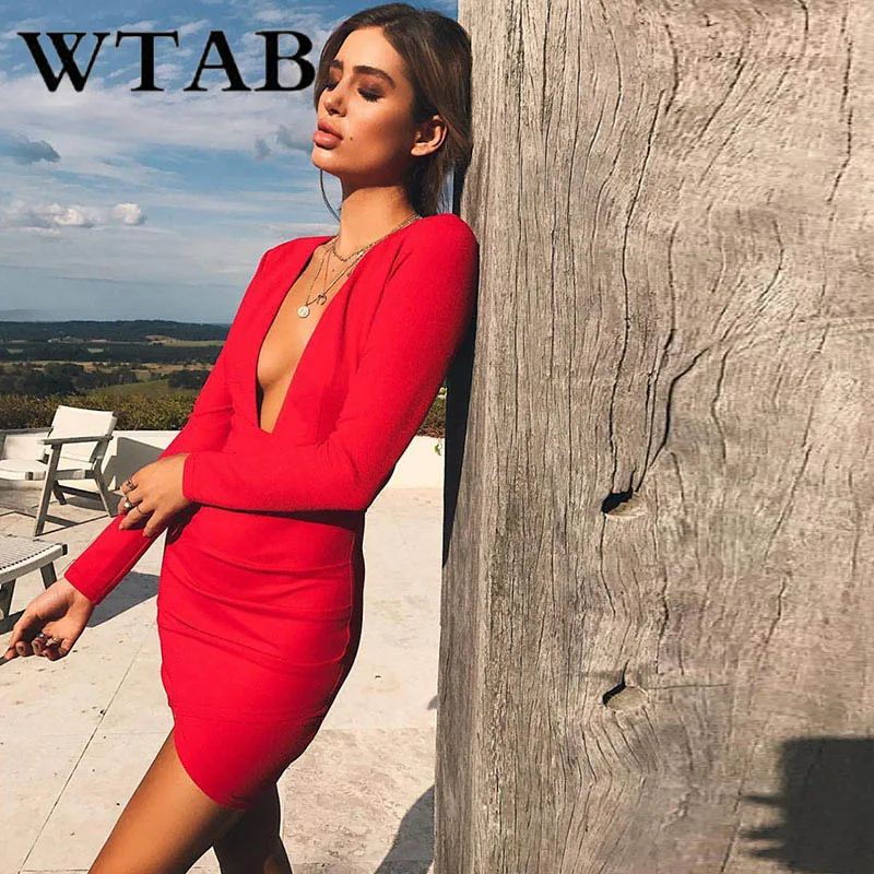 WTAB vestidos однотонное весеннее платье 2019 сексуальным вырезом на спине и драп