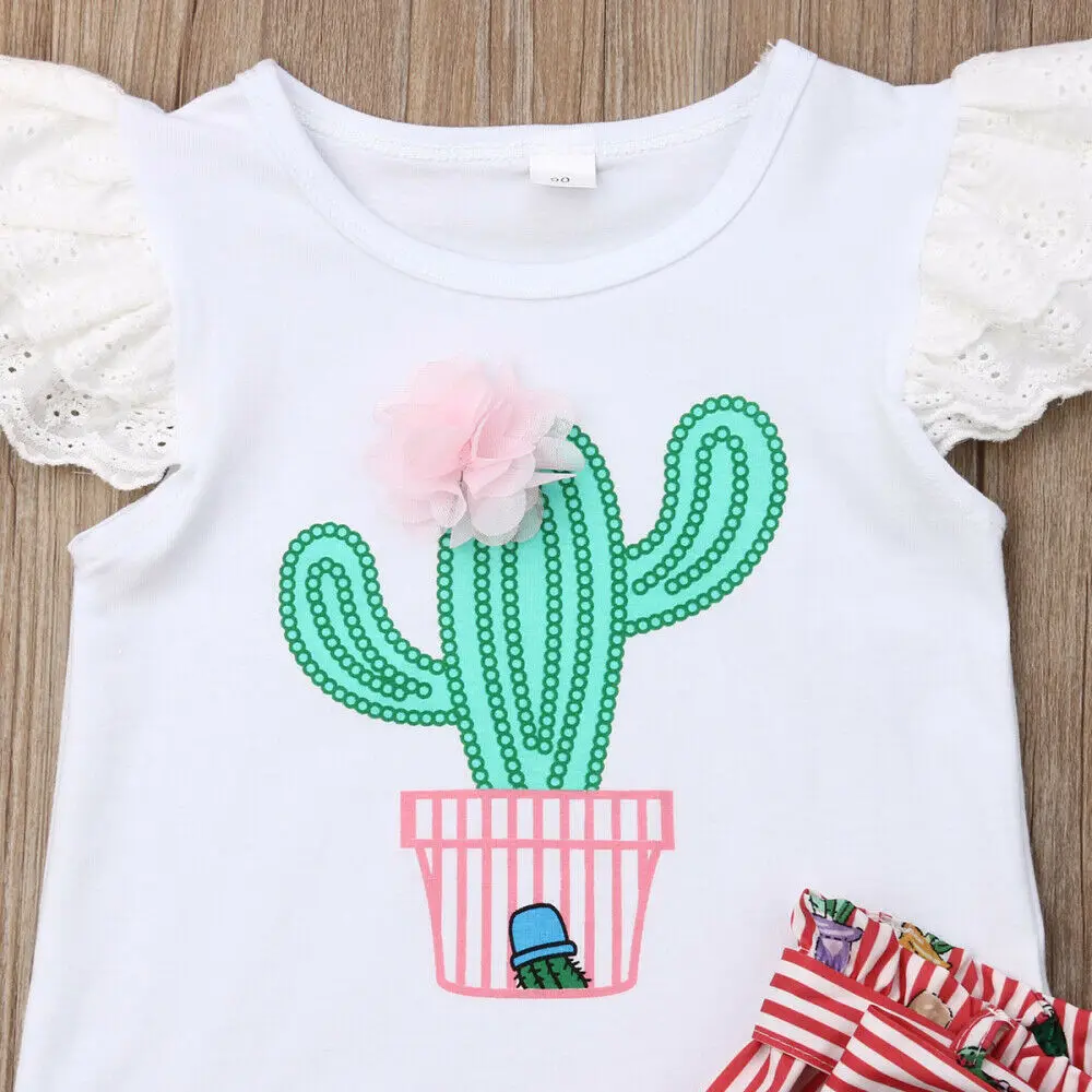 2019 Brand Infant Newborn Baby Girls Short Sleeve T-shirt Cactus Print + Striped Shorts Summer Beach Outfit Set | Детская одежда и