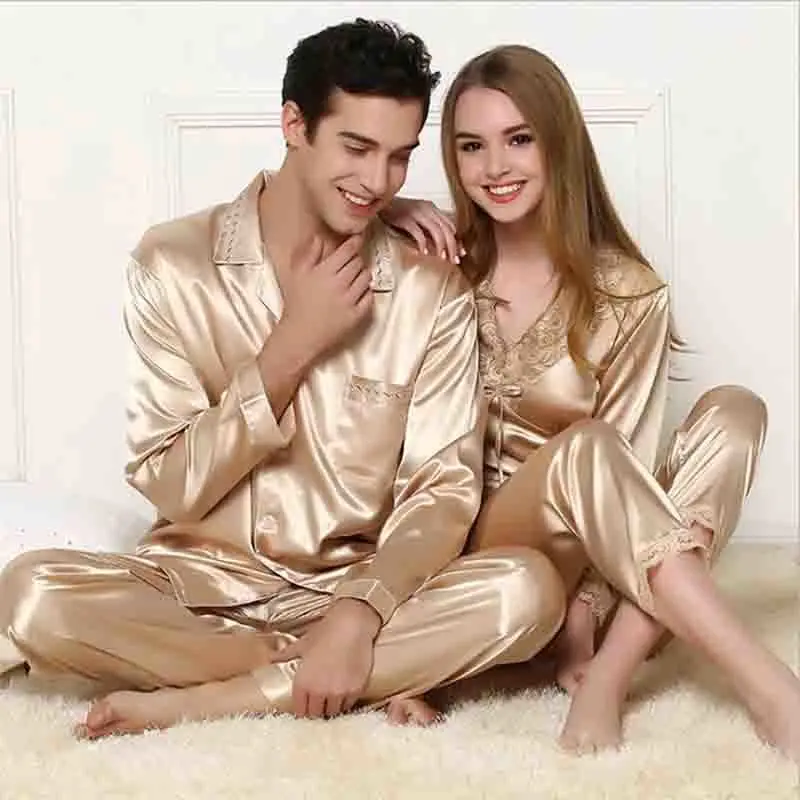 CR New Arrival Summer Women & Men High quality Silk Couple Pajama Sleepwear Free Shipping iT256
