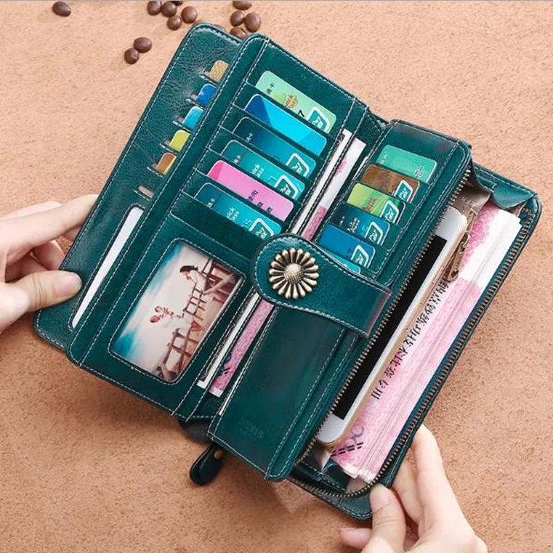 Купить Новый анти-магнитный женский длинный кошелек, женские кошельки из натуральной кожи, большой объем, клатч, кредитница, кошелек с монетами