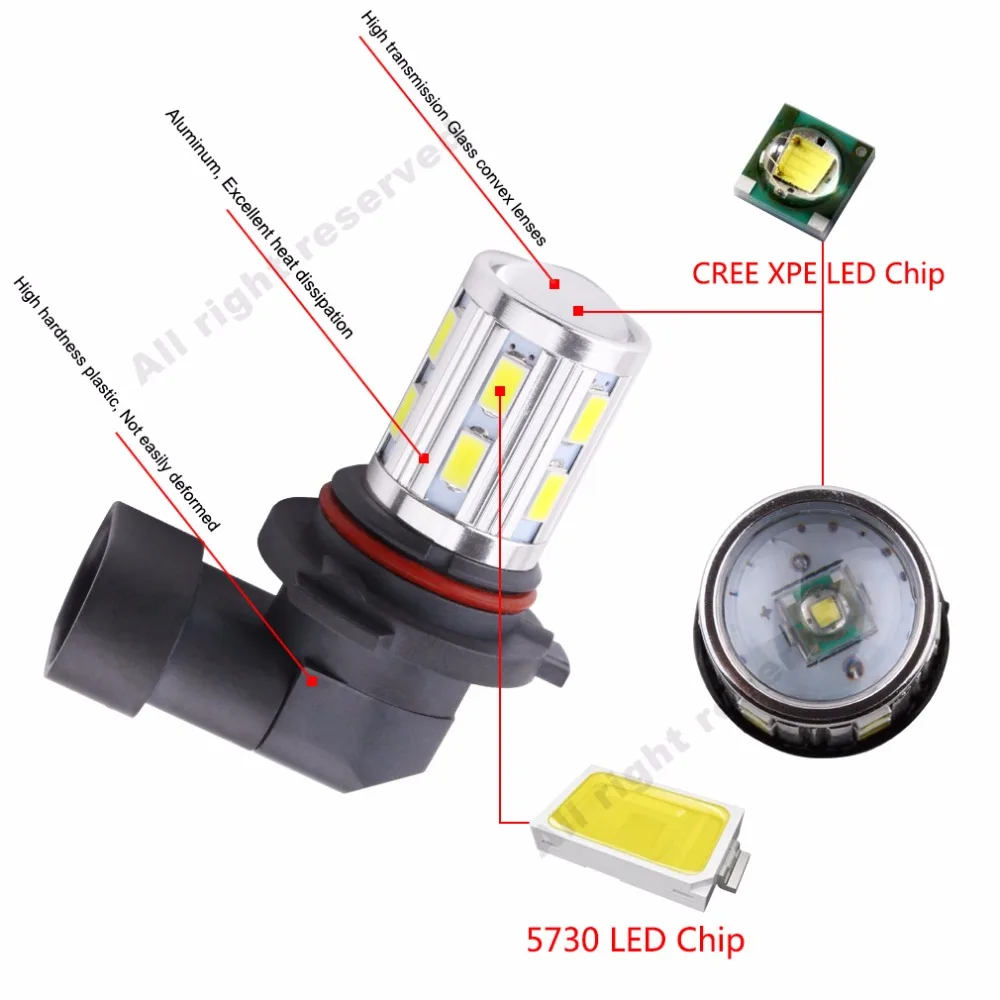 2pcs 9006 HB4 High Power 12SMD 5730 Chip + 5W Cree LED chips white fog Lights Bulbs car light source | Автомобили и мотоциклы