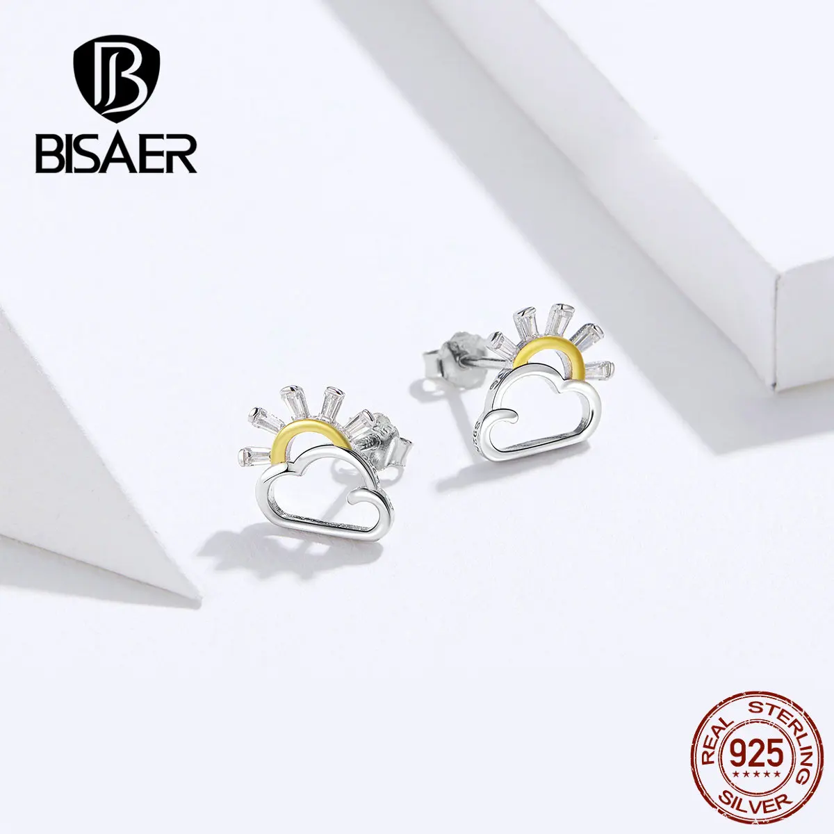 BISAER модные 925 пробы серебряные облака и солнце форма маленькие серьги гвоздики для женщин Стерлинговое серебро ювелирные изделия EFE190
