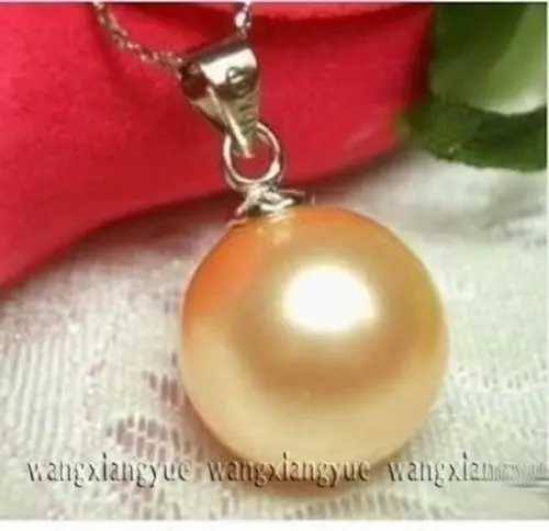

14mm Yellow South Sea Shell Pearl Round Bead Pendant Necklace 18"AAA+