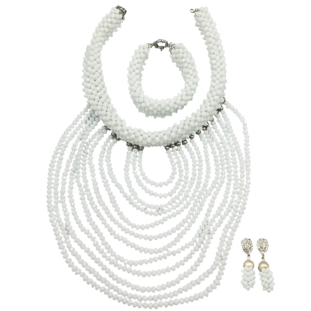 Модные белые хрустальные бусы ожерелье серьги браслет нигерийские Свадебные бусы африканские ювелирные изделия набор для женщин DDK014