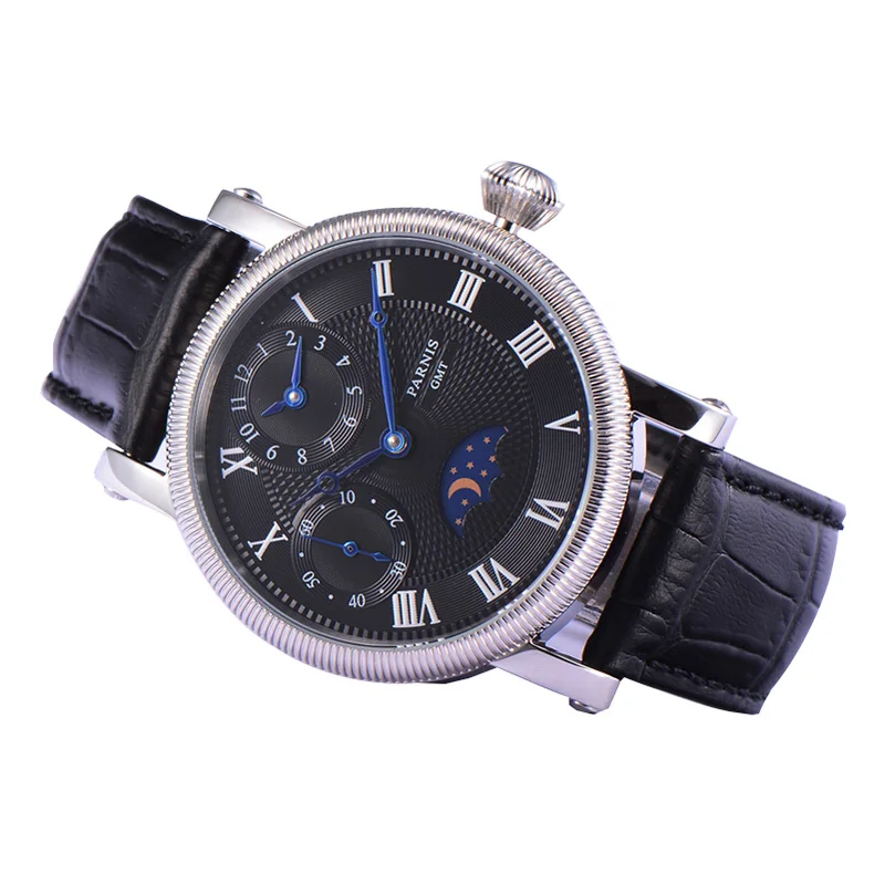 

42mm PARNIS pink dial Moon Phase GMT hand winding movement mens watch