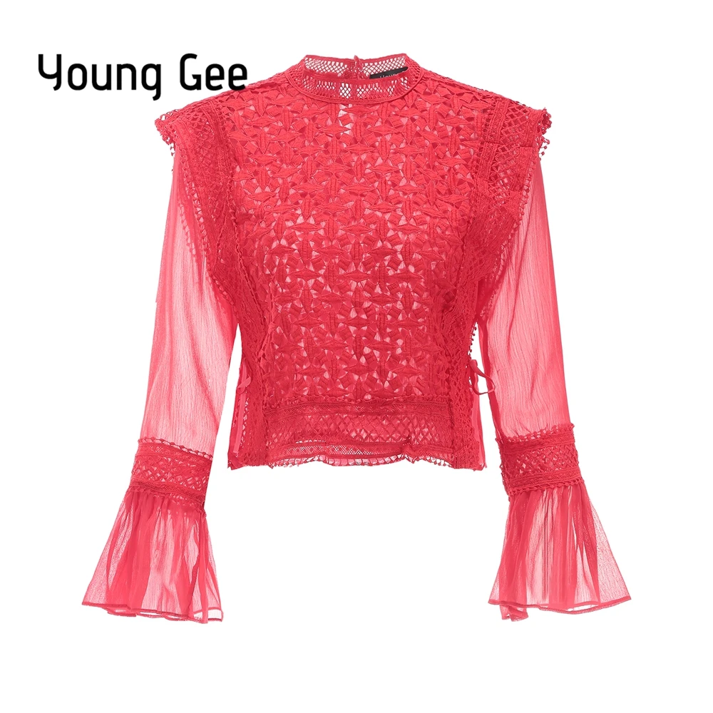 Женская элегантная кружевная блузка Young Gee белая/черная/красная ажурная рубашка с