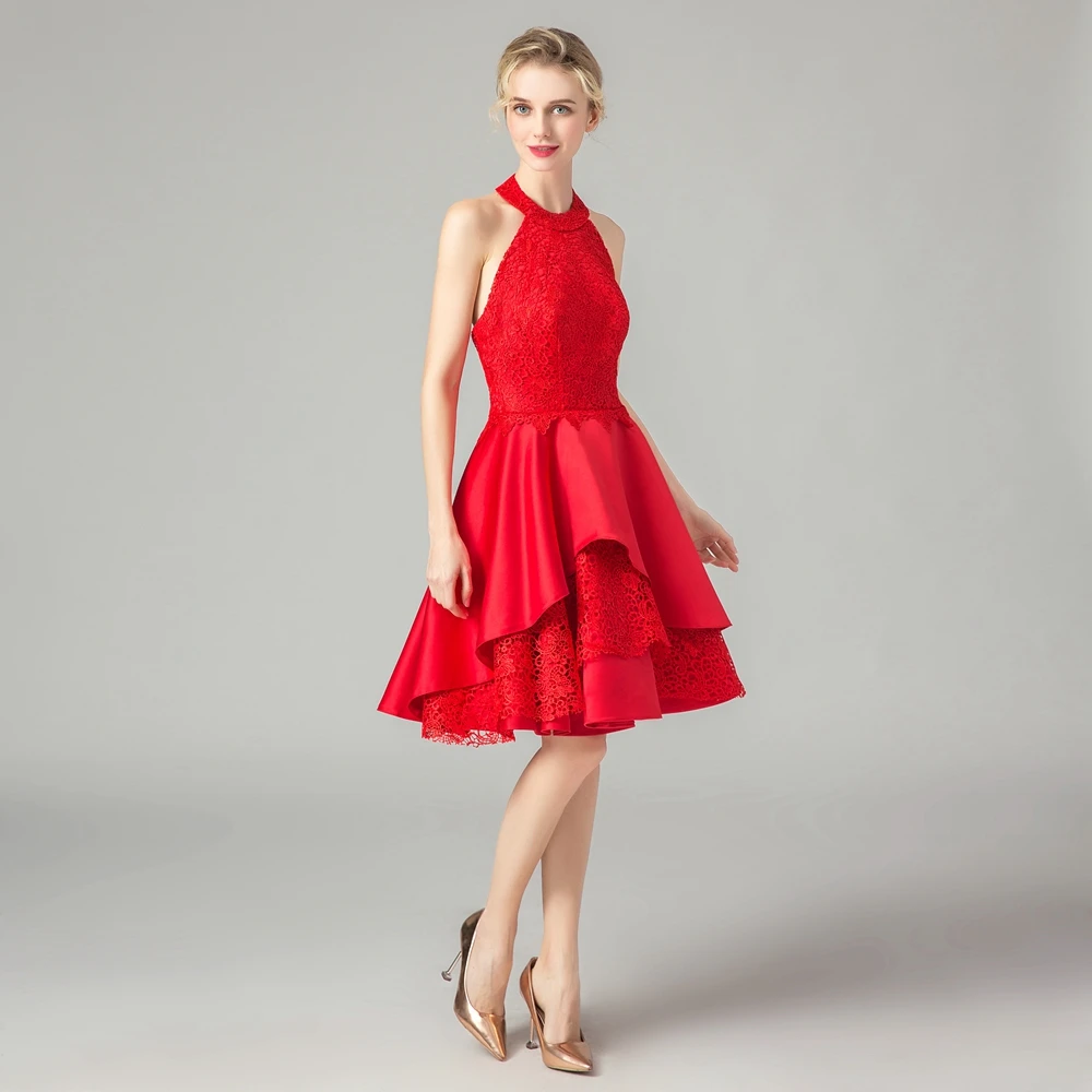 SSYFashion/новое коктейльное платье Красное Кружевное атласное мини с лямкой на шее и