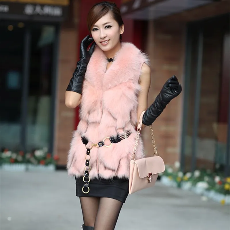 Весенне осенний женский жилет из натурального Лисьего меха с тонким ремнем