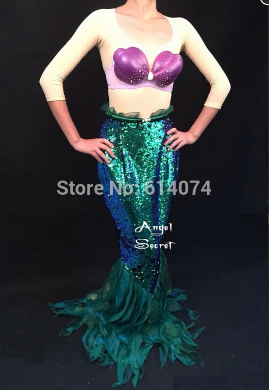 P141 высокой талией Зеленый Блестки Русалка юбка рыбий Ариэль хвост костюм морских