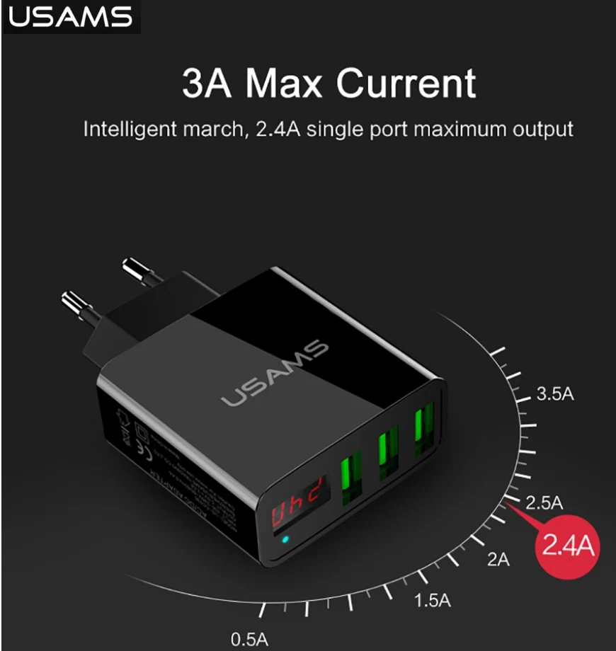 USAMS Марка ЕС Plug Led Дисплей стене телефон Зарядное устройство 3 Порты и разъёмы USB 2.4a