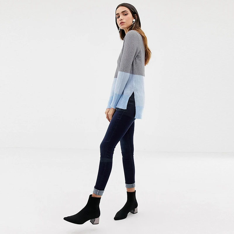 HDY Haoduoyi Autumn Simple Stylish Three-color Stitching Asymmetrical Hem Split Sports Leisure Long Sleeve Boyfriend Sweater | Женская