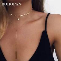 chic gold silver multilayer star tassels necklaces women round geometry extension chain choker cuboid pendants necklace jewelry