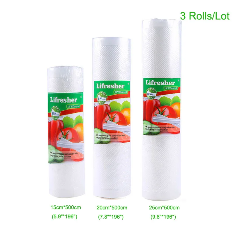 15-20-25cm3rolls Пакеты для вакуумного упаковщика, пакеты для пищевых продуктов, сохраняющие свежесть продуктов питания, 12+ 15+ 20+ 25+ 28 см* 500 см, вакуумный упаковщик, пакет для хранения продуктов, Прямая поставка - Цвет: 15-20-25cm3rolls