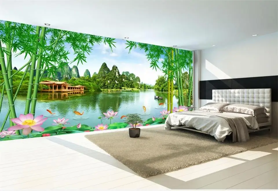 3d wallpaper custom photo mural non-woven Huge lake bamboo fish sofa background wall painting living room for walls | Обустройство