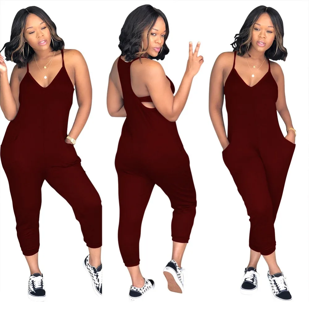 Plus Size Playsuit 3XL Casual Spaghetti Strap V Neck Ankle Length Pant Jumpsuit Women Backless With Pockets One Piece Coveralls | Женская