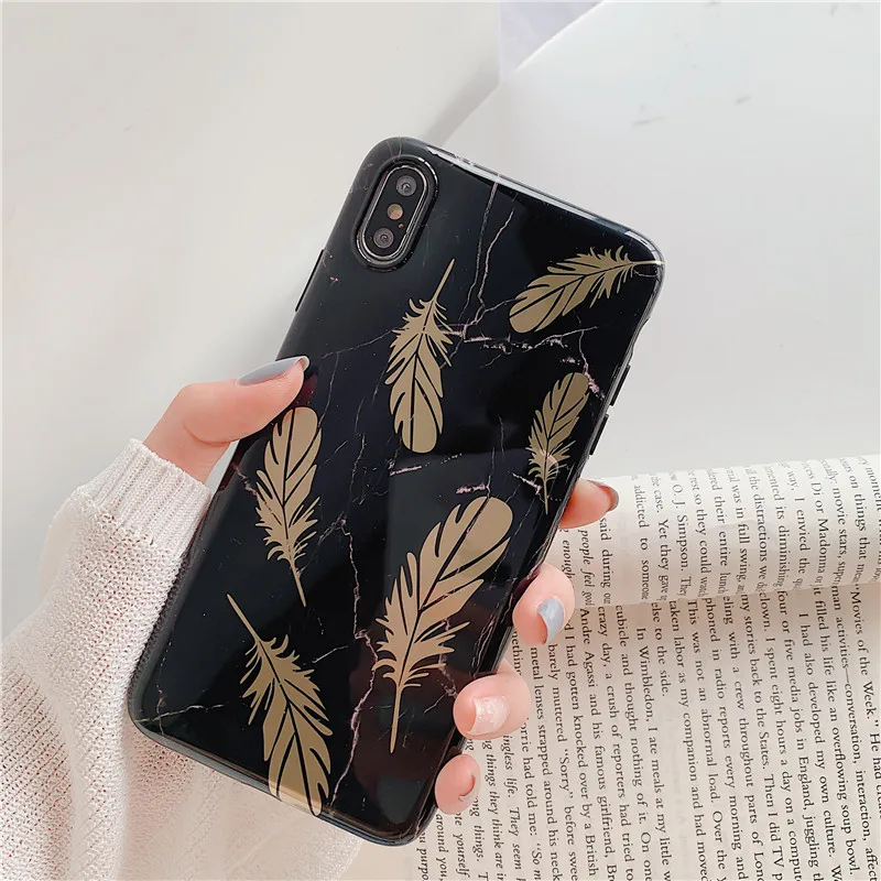 FLYKYLIN Gold Feather Black Marble Case For iphone 6 S 7 8 Plus XS Max Cover Huawei P30 Pro P20 Lite Soft IMD Silicone Coque |