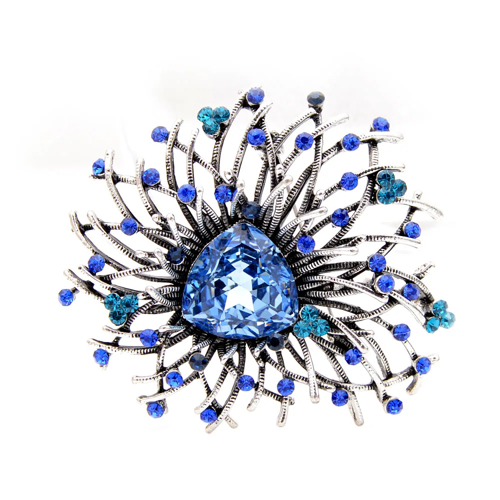 Женская брошь в виде цветка CINDY XIANG, роскошное украшение со стразами и большим кристаллом, элегантный аксессуар для пальто, жакета, пиджака, доступно 2 цвета, отличное качество - Окраска металла: blue
