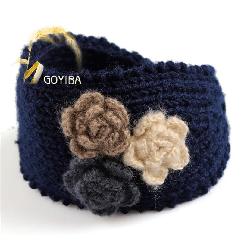 Navy GOYIBA/13 цветов, женская зимняя вязаная головная повязка с цветами для девочек, с пуговицами, головной убор, теплые тюрбан, повязка для волос - Цвет: Navy