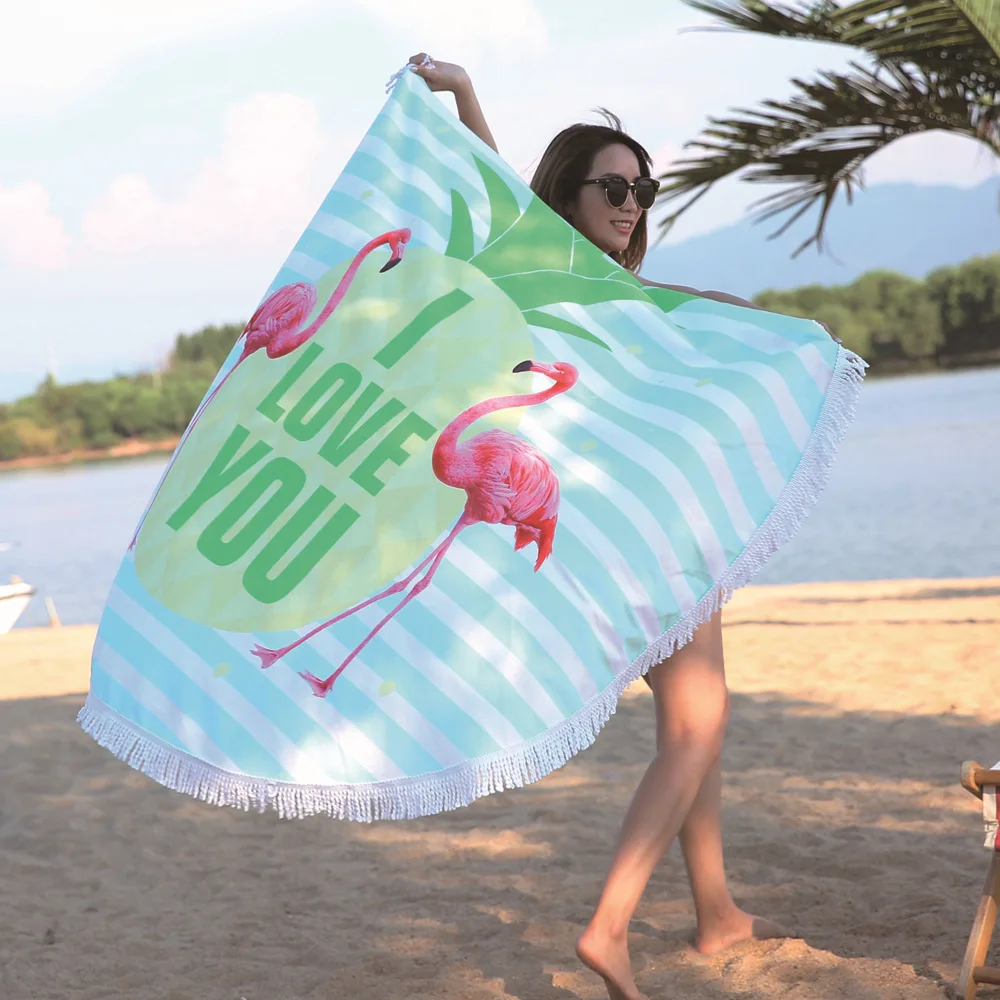 

Newest Style Fashion Flamingo and Feather 500G Round Beach Towel With Tassels Microfiber 150cm Picnic Blanket Beach Cover Up