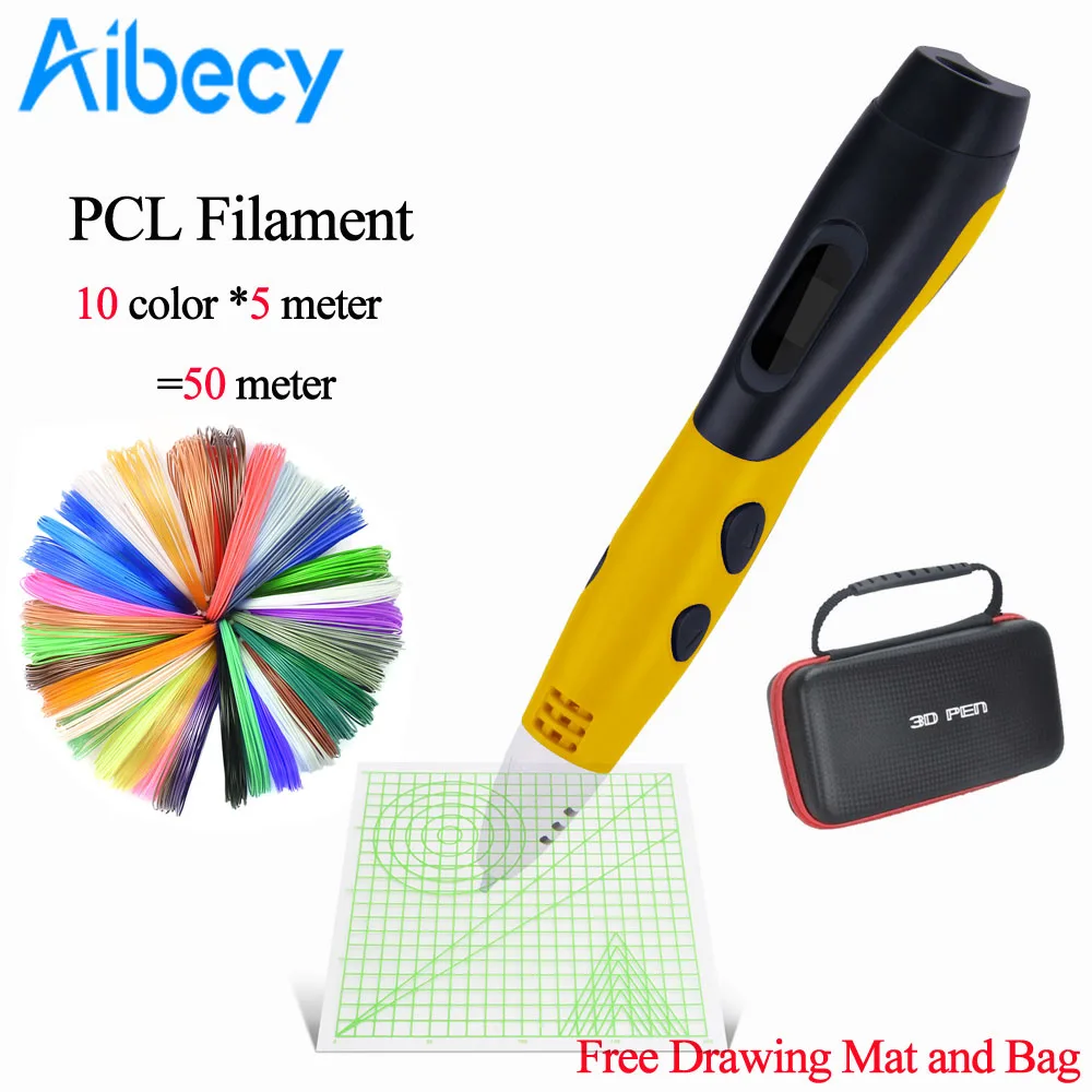 yellow with 50M PCL 3D печать Ручка низкая температура 3D Ручка с ЖК-дисплеем PCL нити заправки автоматическая подача сумка и коврик для рисования - Цвет: yellow with 50M PCL