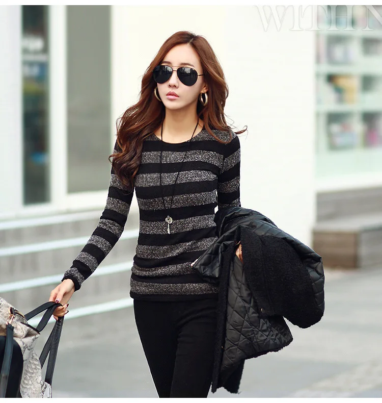 2019 Korean Fashion Women Knitted Sweater Autumn Striped Tops Clothes Long Sleeve O-neck Female Base Shirt DB003 | Женская одежда
